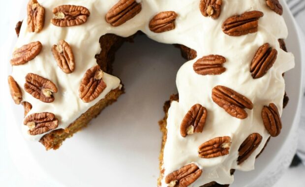 bundt shape carrot cake with cream cheese frosting