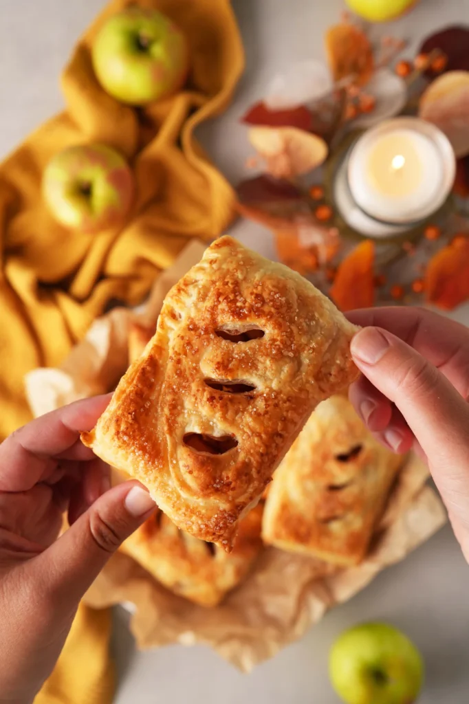 Hand holding a golden puff pastry apple hand pie with apples in the background.