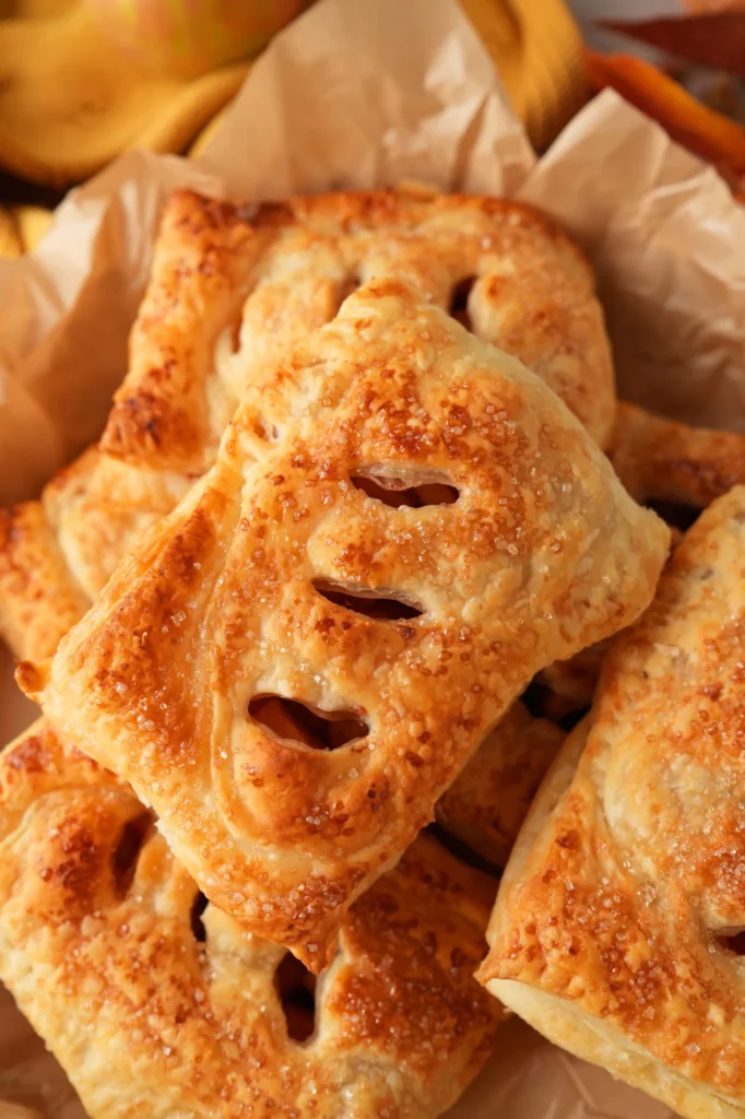 Close-up of golden flaky puff pastry apple hand pies.