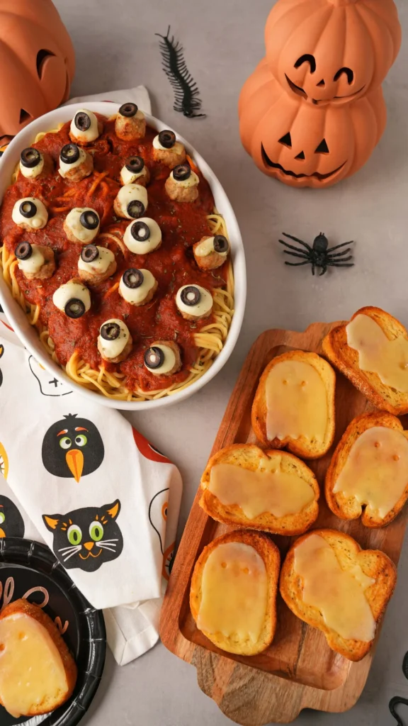Halloween meal with spaghetti, eyeball meatballs, and ghost-shaped toast.
