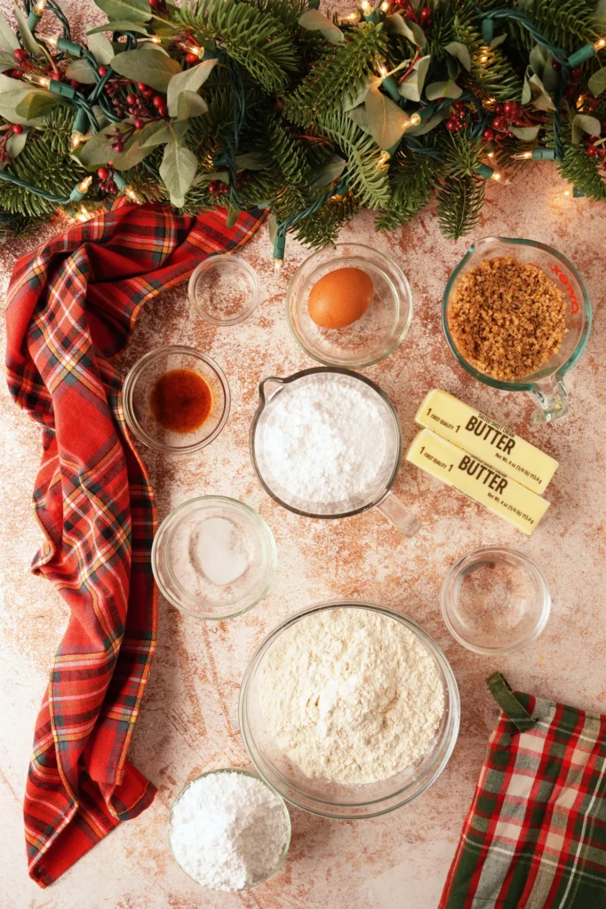 Ingredients for Swedish heirloom cookies arranged on a holiday baking set.